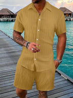 Men's Plus Size Short Sleeve Shirt and Shorts Set in Full Size-Casual Fashion - The Artisan's Wardrobe