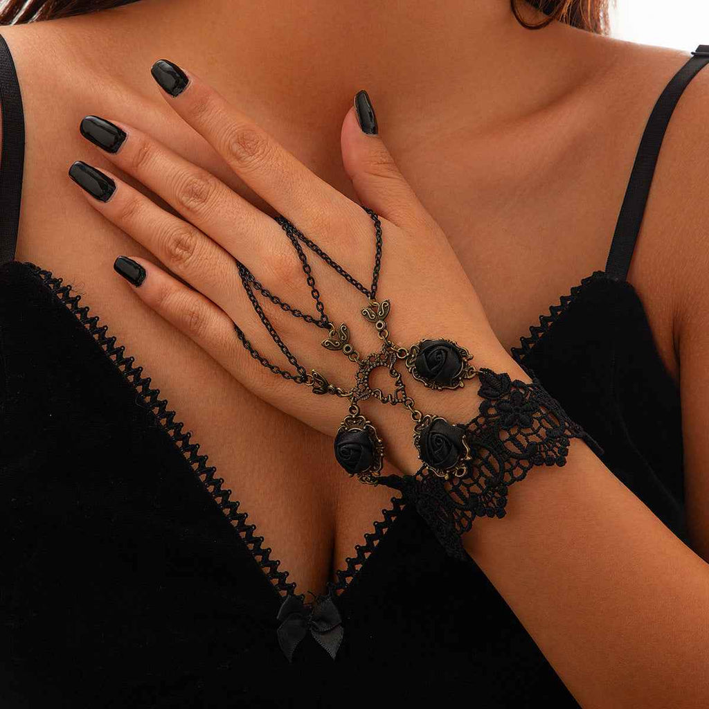 Halloween Punk Bracelet with Finger Mesh Tassel and Alloy Rose Lace Floral Handmade for Women-Casual Fashion - The Artisan's Wardrobe
