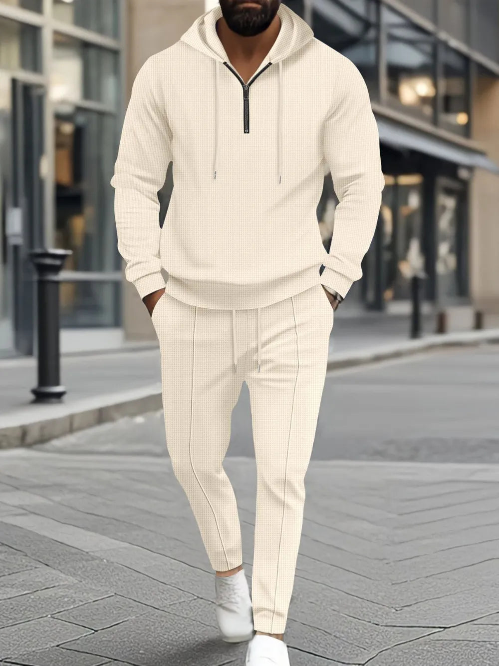 Men's Waffle-Knit Hoodie Pants Set Plus Size - Full Size Half Zipper Comfort-Casual Fashion - The Artisan's Wardrobe