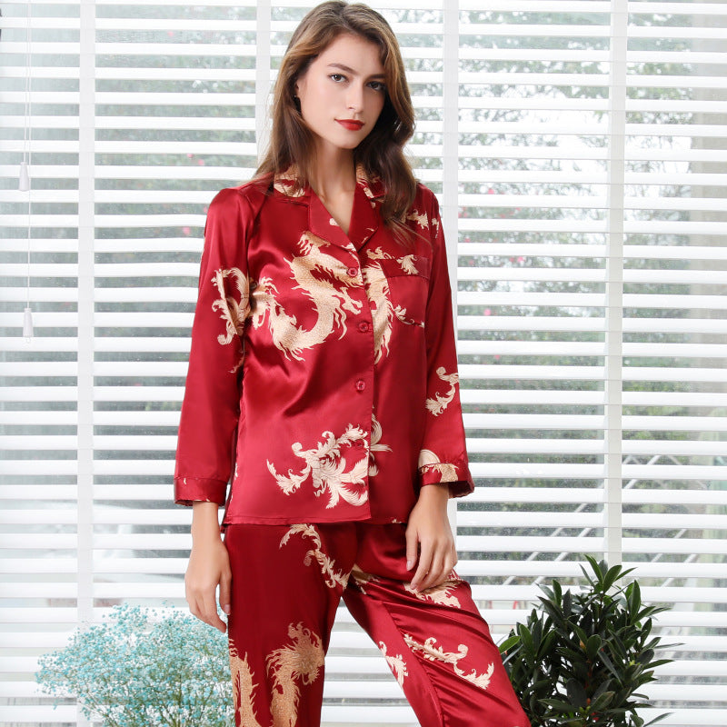 Silk Couple Sleepwear Long Sleeved Set with Dragon and Phoenix Print for Men and Women-Casual Fashion - The Artisan's Wardrobe