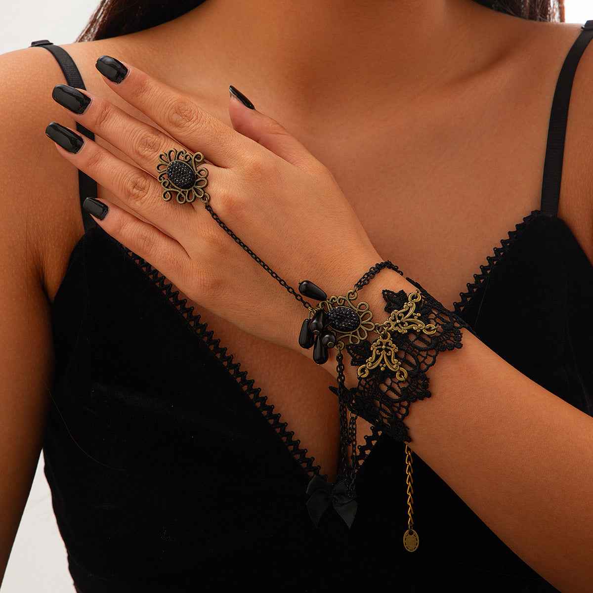 Halloween Punk Bracelet with Finger Mesh Tassel and Alloy Rose Lace Floral Handmade for Women-Casual Fashion - The Artisan's Wardrobe