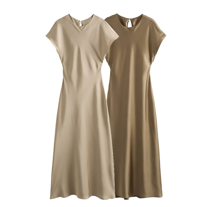 Satin Midi Dress Fashion for Women - Elegant Keyhole Back A-Line Sleeveless Design