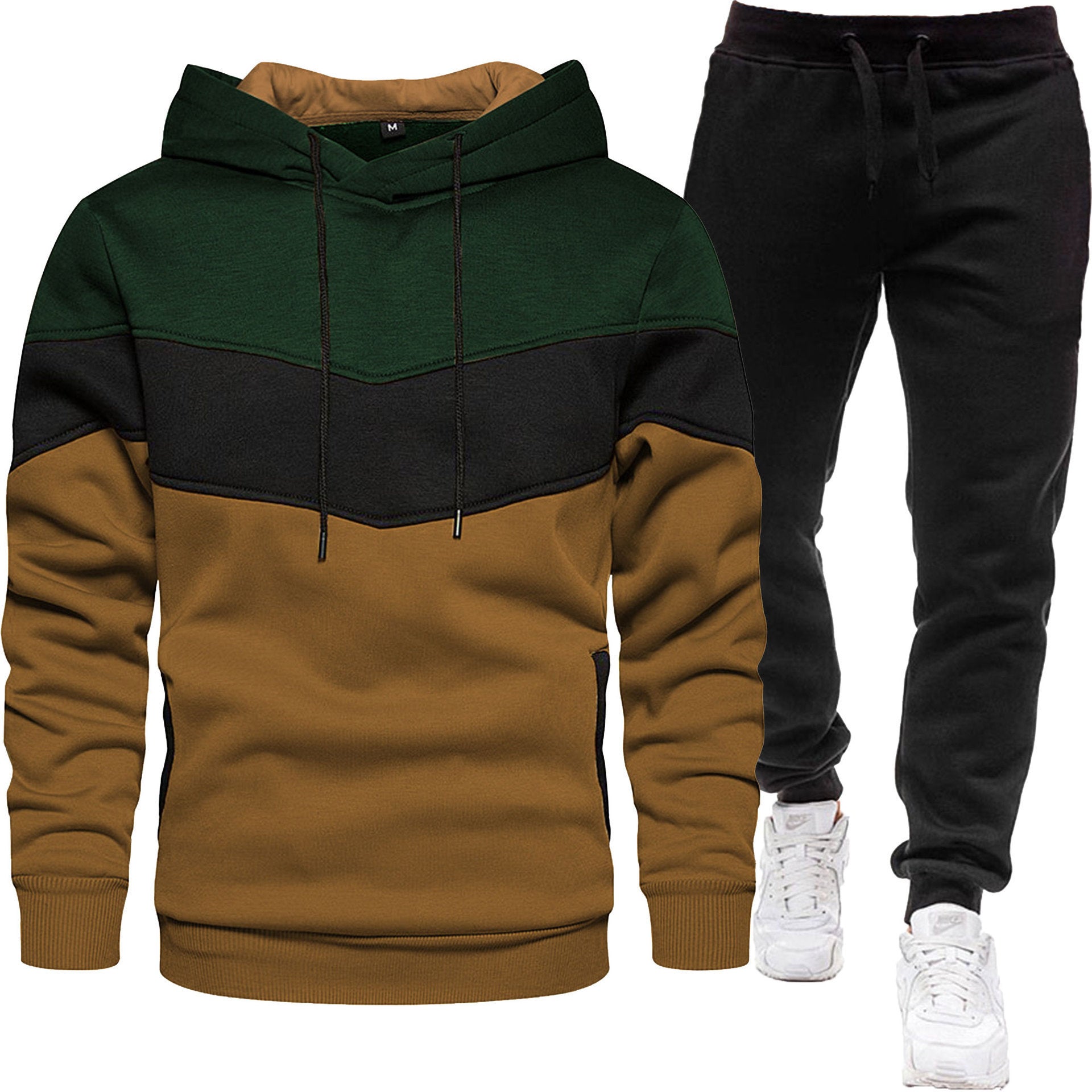 Men's three color hoodie sports suit, fashionable and casual, spring and autumn splicing hooded top, long pants two-piece set-Casual Fashion - The Artisan's Wardrobe
