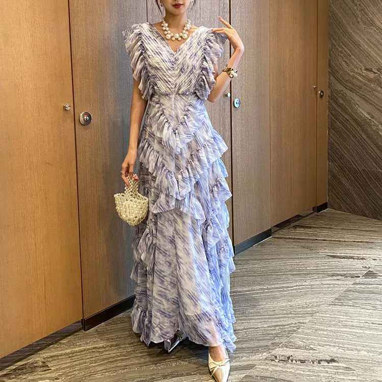 Vacation Style Light Colored V-Neck Lace Dress with Irregular Flying Sleeves and Pleated Design-Casual Fashion - The Artisan's Wardrobe