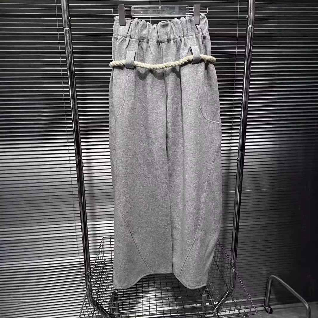 High Waist Flower Gray Casual Pants with Broken Seam and Thick Cotton Rope, Wide Version Curved Knife Guard Design-Casual Fashion - The Artisan's Wardrobe