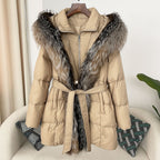 Hooded Down Jacket with Fox Fur Collar for Women-Casual Fashion - The Artisan's Wardrobe