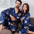 Silk Couple Sleepwear Long Sleeved Set with Dragon and Phoenix Print for Men and Women-Casual Fashion - The Artisan's Wardrobe
