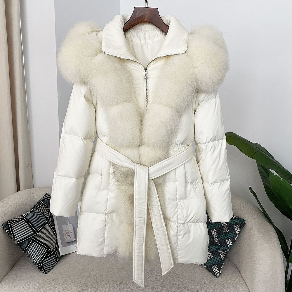 Hooded Down Jacket with Fox Fur Collar for Women-Casual Fashion - The Artisan's Wardrobe