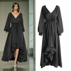 Fashionable V-neck Lantern Sleeve Dress with Elegant Pleated Lotus Leaf Edges for Women-Casual Fashion - The Artisan's Wardrobe