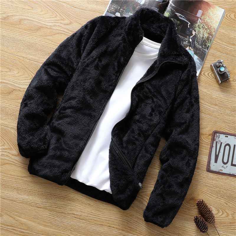 Men's Fleece Autumn Winter Jacket - Korean Loose Fit Standing Collar Double-Sided Fleece Top-Casual Fashion - The Artisan's Wardrobe