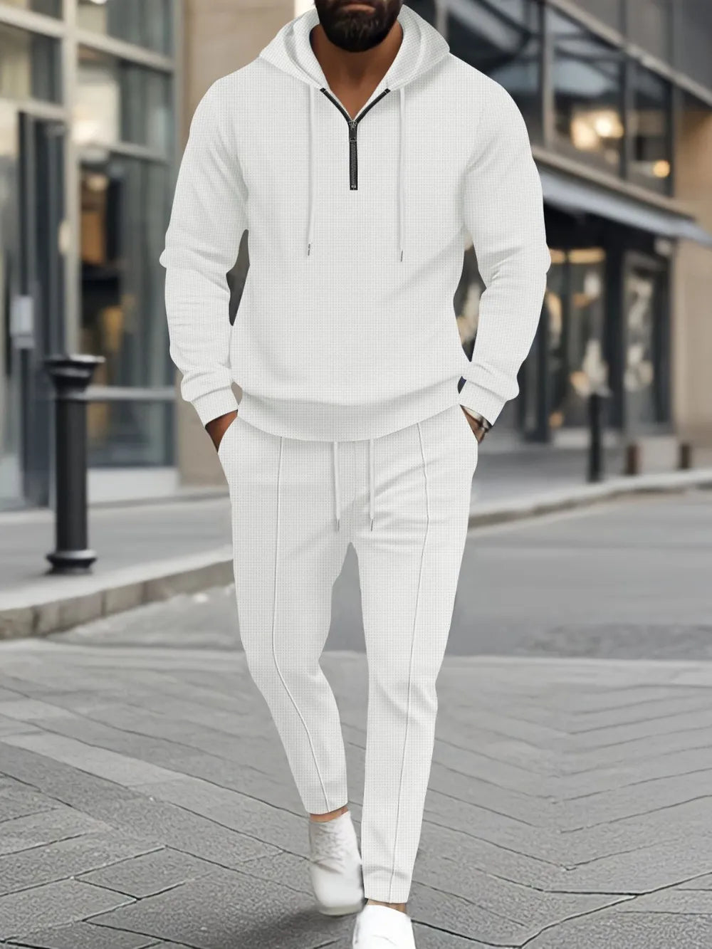 Men's Waffle-Knit Hoodie Pants Set Plus Size - Full Size Half Zipper Comfort-Casual Fashion - The Artisan's Wardrobe