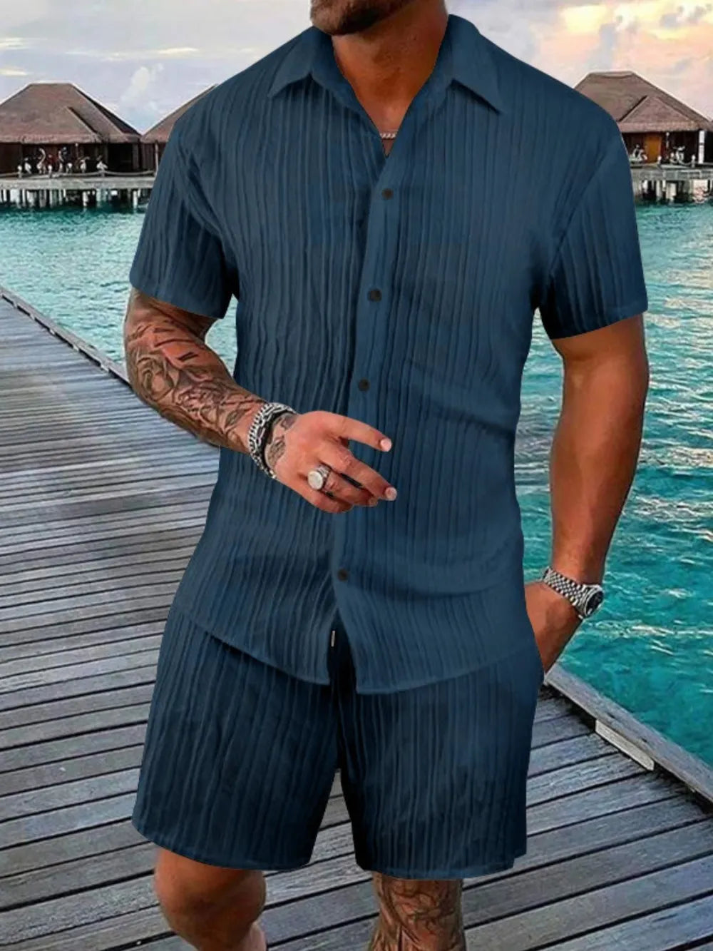 Men's Plus Size Short Sleeve Shirt and Shorts Set in Full Size-Casual Fashion - The Artisan's Wardrobe