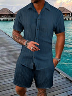 Men's Plus Size Short Sleeve Shirt and Shorts Set in Full Size-Casual Fashion - The Artisan's Wardrobe