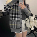 Classic plaid knitted cardigan jacket for women loose fit sweater for women single breasted top for women-Casual Fashion - The Artisan's Wardrobe