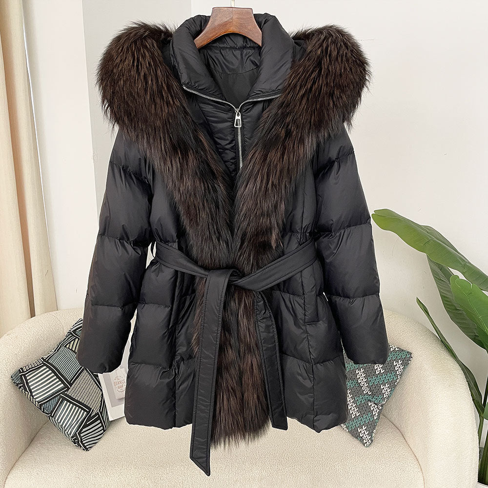 Hooded Down Jacket with Fox Fur Collar for Women-Casual Fashion - The Artisan's Wardrobe