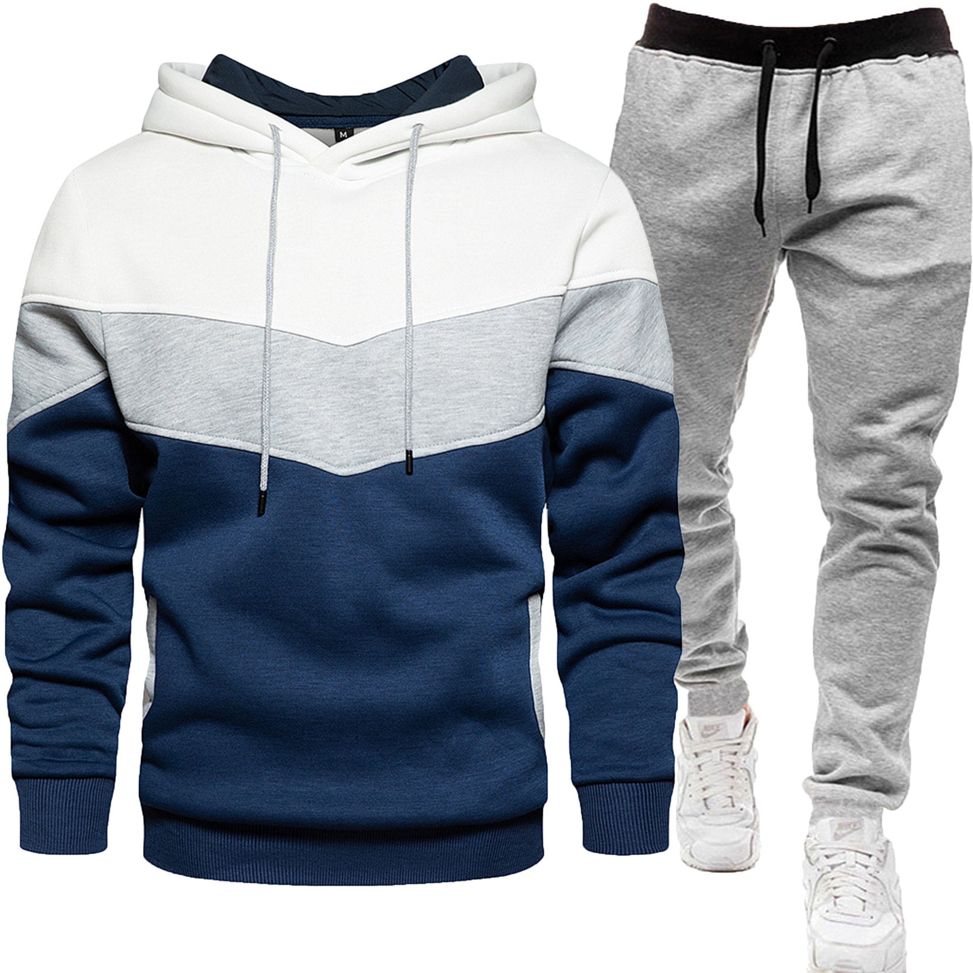 Men's three color hoodie sports suit, fashionable and casual, spring and autumn splicing hooded top, long pants two-piece set-Casual Fashion - The Artisan's Wardrobe